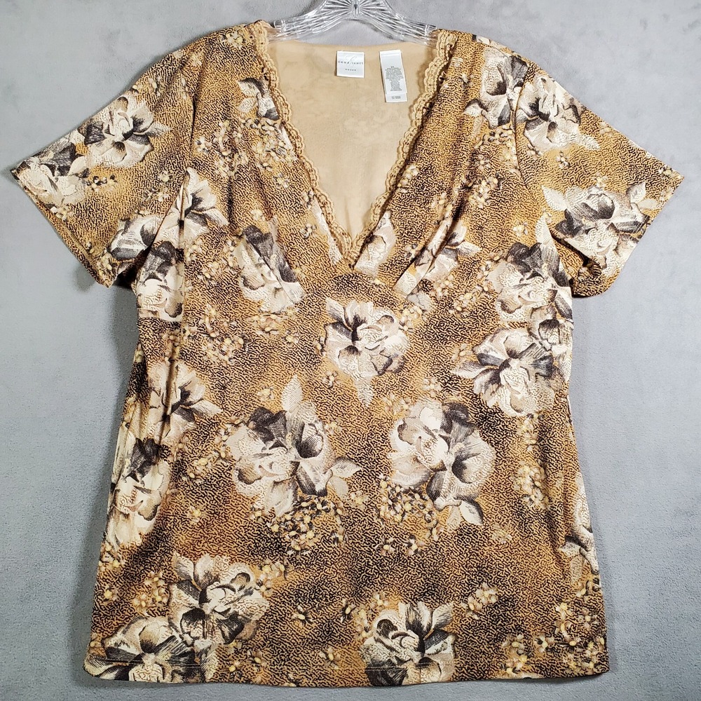 Emma James Y2K Babydoll Top 2X Brown Floral Lace V‎ Neck Short Sleeve Coquette